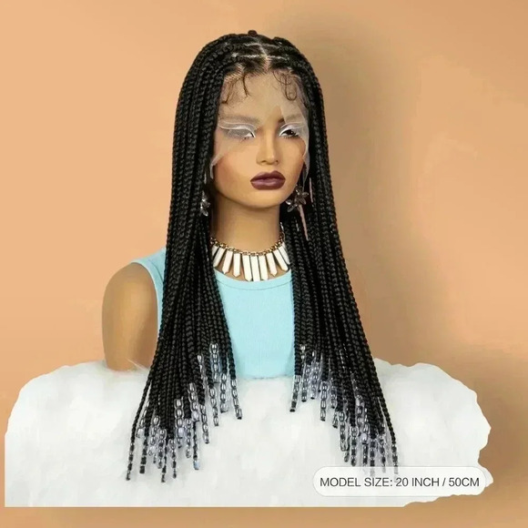 Knotless Box Braids,  full lace braided wig with bead Natural Baby Hair, 20 " - Picture 5 of 9